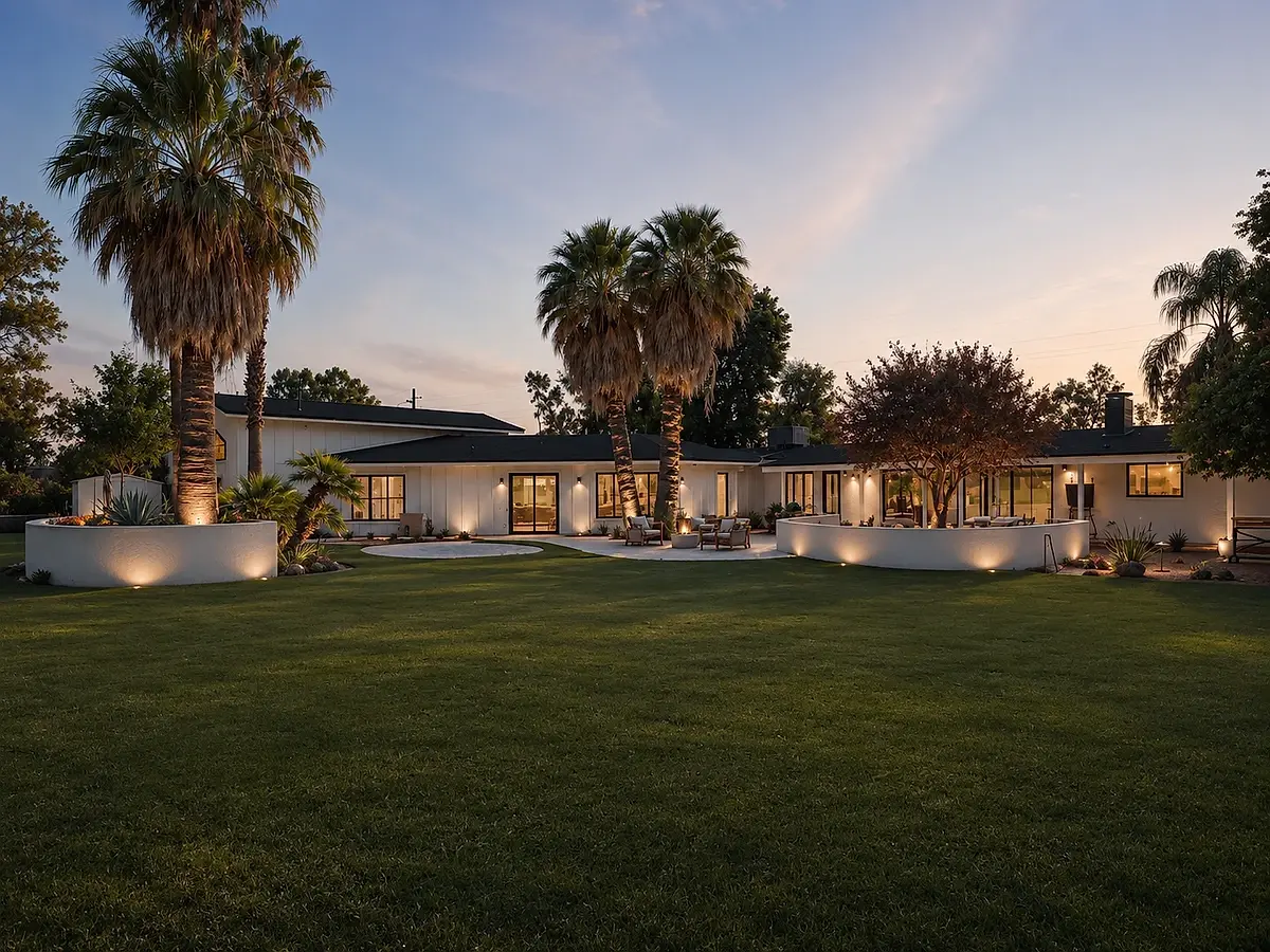 Sweeping lawn and mature trees at The Emerald Pines, evoking a Pacific Northwest grove