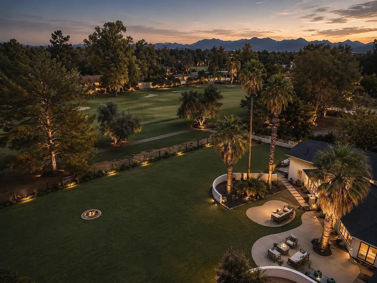 Aerial dusk view of The Shea Residence backyard overlooking the adjacent golf course