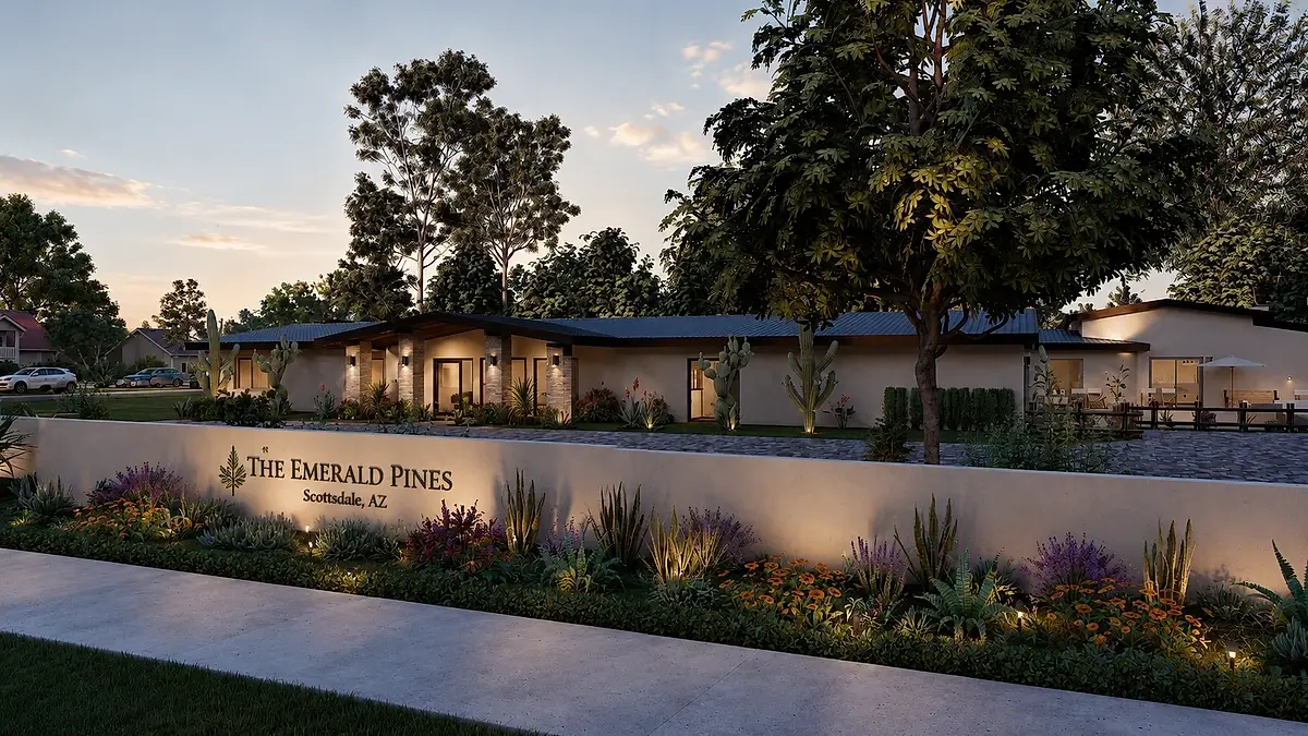 The Shea Residence entrance at dusk, with The Emerald Pines signage wall