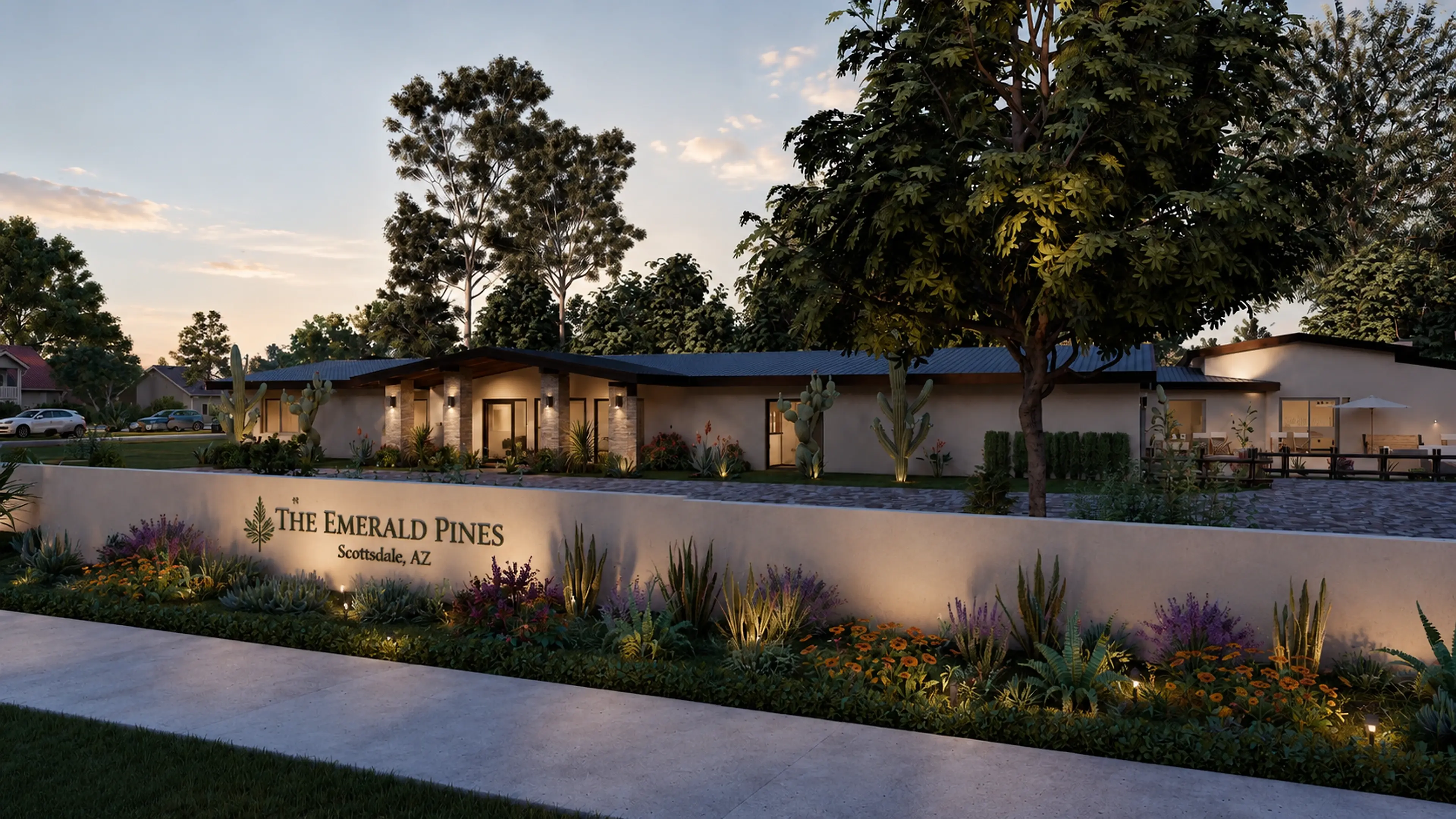 The Emerald Pines residence at dusk, framed by mature trees
